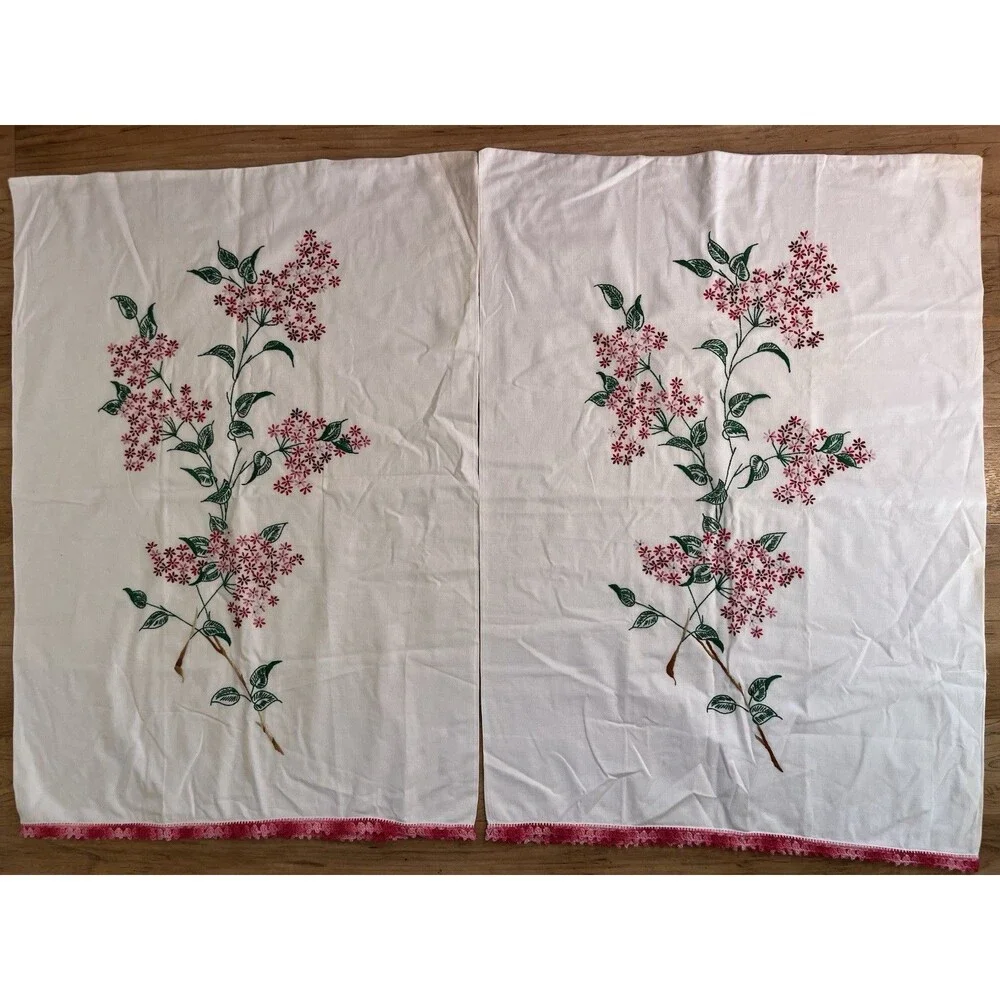 VTG Hand Embroidered Pink Pillowcase Set Floral Cottagecore Farmhouse Cotton